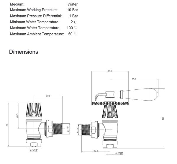 BEN-LEV-AB Bentley lever radiator valve antique brass dimensions